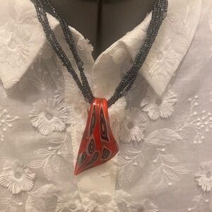 Red Abstract Pendant Necklace with Black Beaded Strands